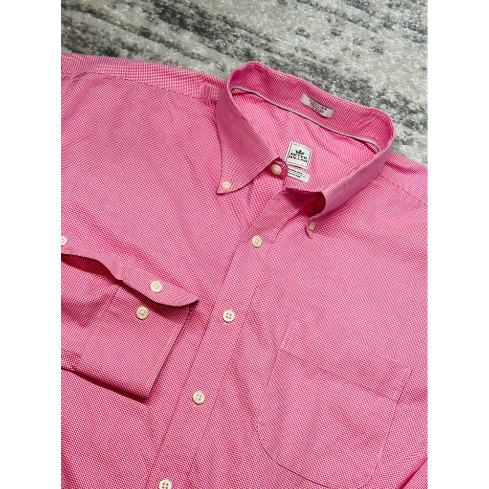 Peter Millar Dress Shirt Mens XL Pink Nanoluxe Easy Care Houndstooth Long Sleeve